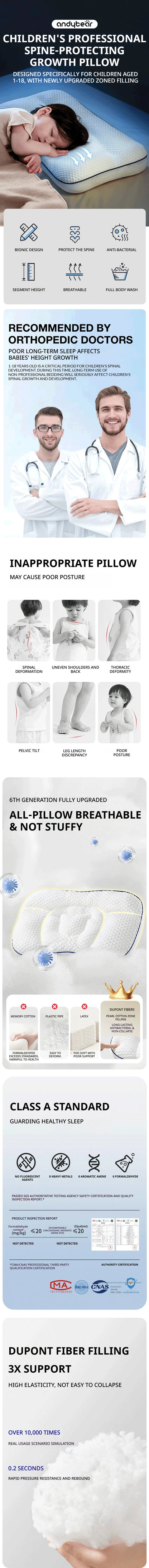 Dual-Sided Kids Contour Pillow with Five-Zone Design, Bamboo Fabric and Tencel Cover, Fiber Filling and T1 T2 T3 Pillowcase Options for Older Children