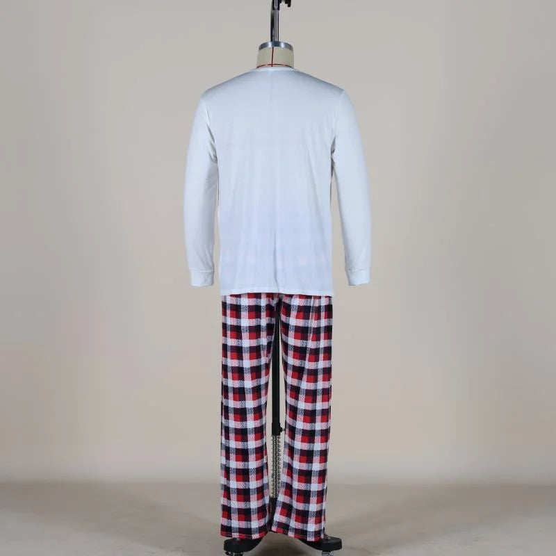 Reindeer Family Matching Pajamas with White Long Sleeve Tops and Red Black Plaid Pants, Christmas Outfits for Mom, Dad, Kids and Baby Size Options