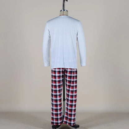 Reindeer Family Matching Pajamas with White Long Sleeve Tops and Red Black Plaid Pants, Christmas Outfits for Mom, Dad, Kids and Baby Size Options