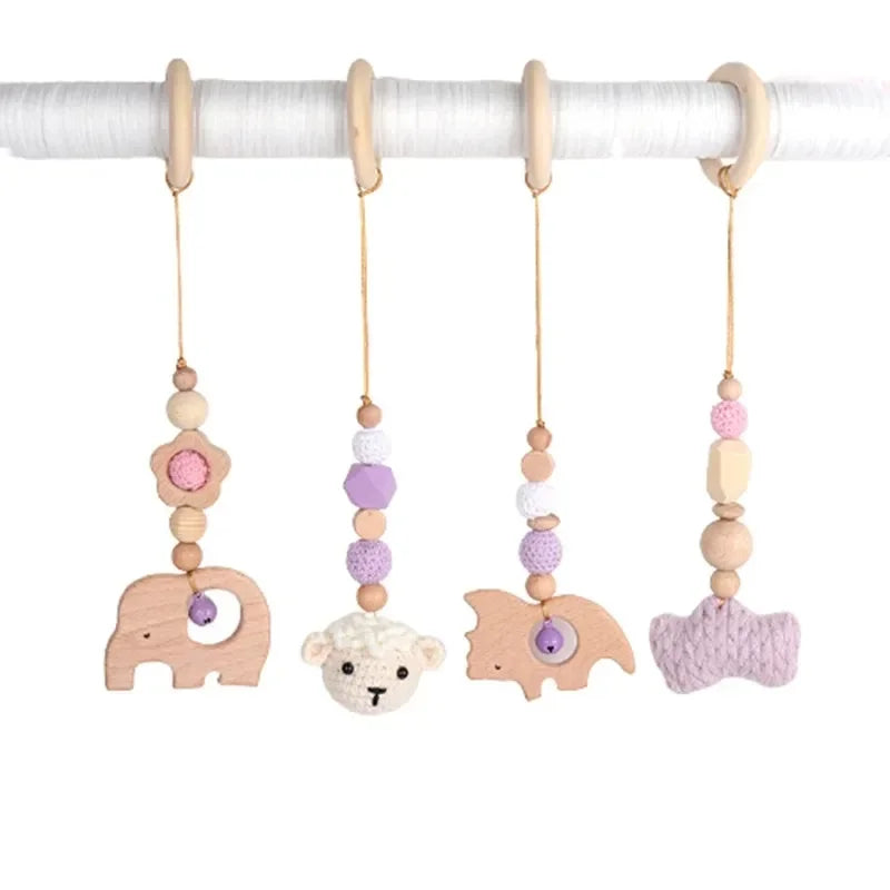 Beech Wood Baby Gym Toy Set, 4 Hanging Animal Pendants with Yarn Details and 5.8 cm Rings for Supervised Looking and Reaching, Frame Not Included