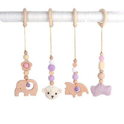 Beech Wood Baby Gym Toy Set, 4 Hanging Animal Pendants with Yarn Details and 5.8 cm Rings for Supervised Looking and Reaching, Frame Not Included