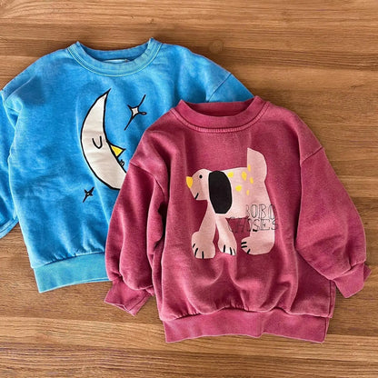 Kids Crewneck Sweatshirt with Animal, Flower and Letter Graphic Options, Long Sleeve Unisex Pullover for Boys and Girls Everyday Seasonal Layering