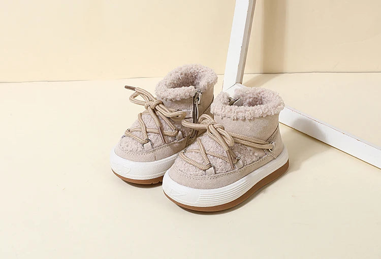 Toddler Plush Ankle Boots with Lace-Up Front, Rubber Soles and Fluffy Trim for Boys and Girls, Beige Black or Pink Cool-Weather Shoes