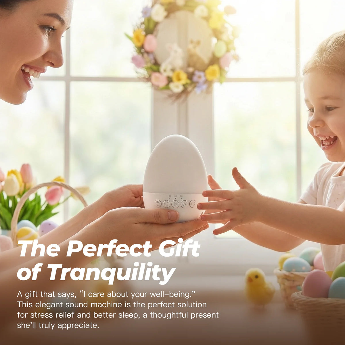 Egg-Shaped White Noise Machine with 30 Sounds, Dimmable Warm Night Light, 30/60/90-Minute Timer and USB-C Rechargeable 700mAh Battery