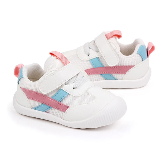 Baby Toddler Mesh Sneakers with Colorblock Stripes and Hook-and-Loop Strap, Soft Sole Everyday Shoes for Boys and Girls, Pink Orange or Red