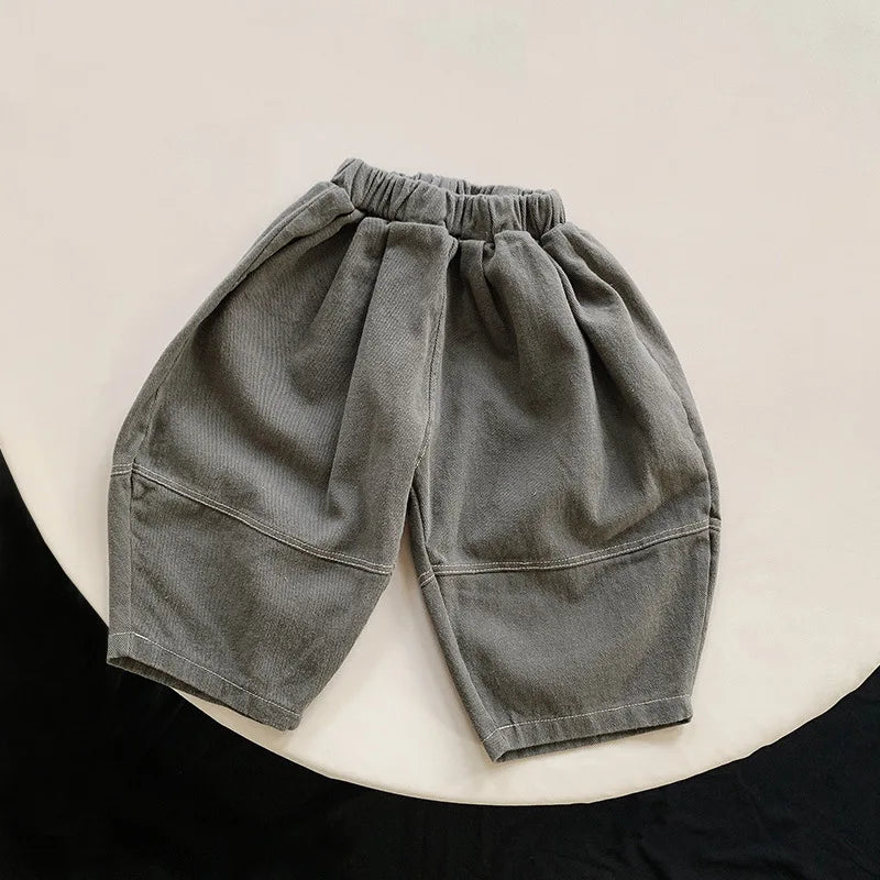Toddler Wide Leg Pants with Elastic Waist and Stitched Patch Pockets, Apricot or Dark Gray Casual Harem Trousers for Boys and Girls, 12M–6T