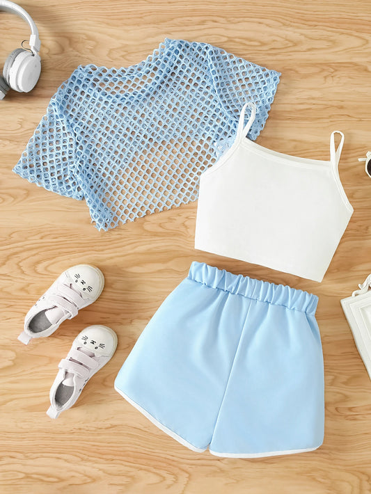 Girls Mesh Top and Shorts Outfit with Brooklyn Print Cami, Three-Piece Summer Set with Short Sleeves and Elastic Waist for Ages 8-12