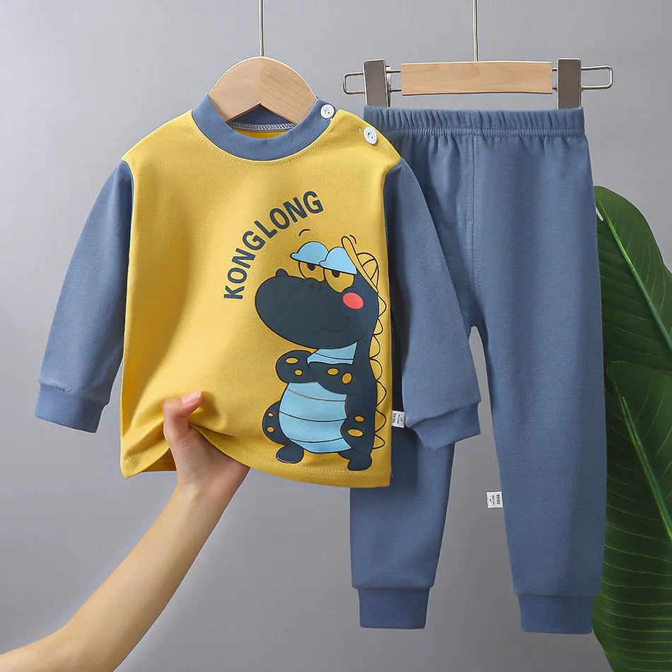 Dinosaur Print Kids Cotton Two-Piece Set with Long Sleeve Top and Matching Cuffed Pants, Unisex Baby and Toddler Outfit in Sizes 73-130