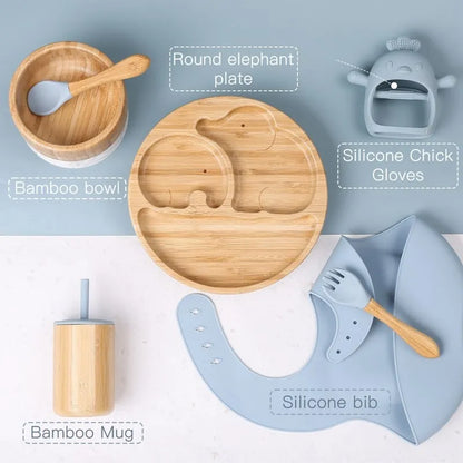 Bamboo Baby Tableware Set with Animal Plate Designs, Bowl, Cup and Wooden-Handle Utensil Options for Supervised Infant and Toddler Mealtimes