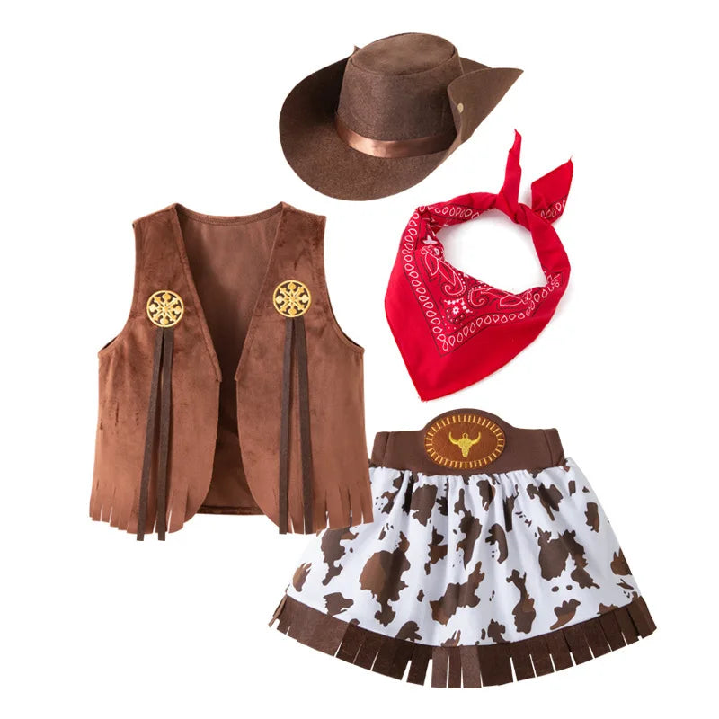 Girls Cowgirl Costume Set with Brown Fringe Vest, Cow-Print Skirt, Hat and Bandana, Western Dress-Up Outfit for Halloween and Birthday Parties