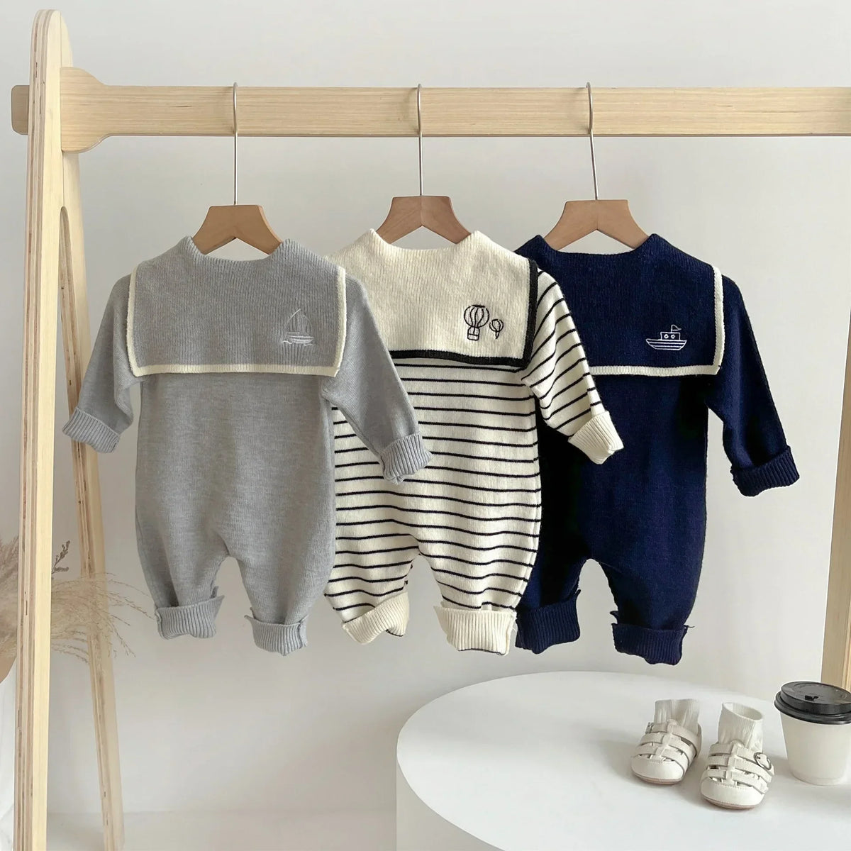 Sailor Collar Baby Knit Romper with Long Sleeves and Button Fastenings, Footless One-Piece Outfit in Gray, Stripe or Dark Blue, Sizes 66-100