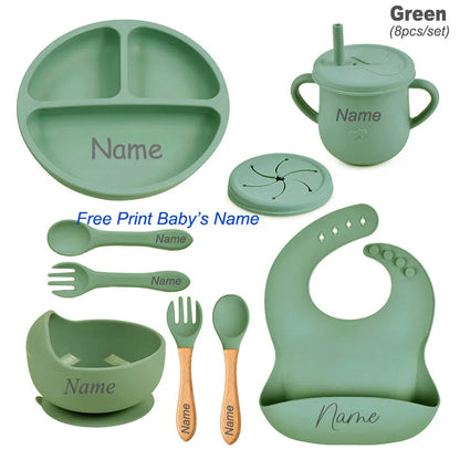 Personalized Silicone Baby Tableware Set, 8-Piece Collection with Divided Plate, Suction Bowl, Pocket Bib, Straw Cup and Two Utensil Pairs