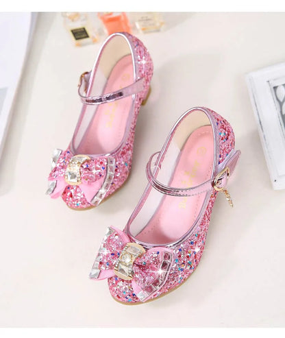 Bow-Accent Glitter Mary Jane Shoes for Girls with Buckled Strap and Block Heel, Sparkling Princess Dress Shoes for Parties and Weddings