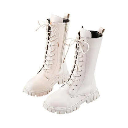 Girls Mid-Calf Lace-Up Boots with Side Zippers, Chunky Lug-Style Soles and Back Pull Tabs, Fall Winter Fashion Footwear in Sizes 27-36