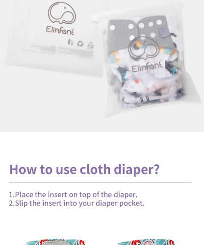 Mesh-Lined Cloth Diapers by Elinfant, 4-Pack Adjustable Pocket Baby Nappies with 4 Three-Layer Microfiber Inserts and Waterproof PUL Outer