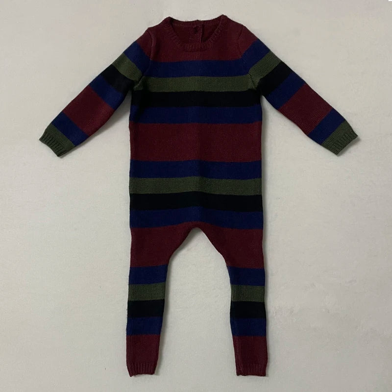 Striped Cable Knit Sibling Outfits with Dark Denim Jumper Dresses, Skirts and Pants, Coordinating Boys Girls Sweaters and Baby Romper Options