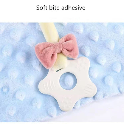 Bunny Lovey Blanket with Star-Shaped Teether, Textured Plush Rabbit Comforter and Colorful Ribbon Tags for Supervised Baby Play and Shower Gifts