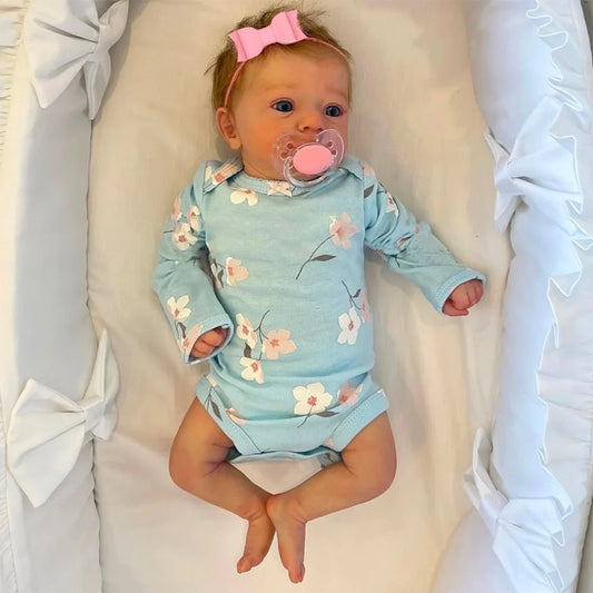 Blue Eyed Reborn Baby Doll Felicia with Hand-Rooted Hair and Soft Cloth Body, 18–19 Inch Vinyl Details, Clothes, Bottle and Random Pacifier