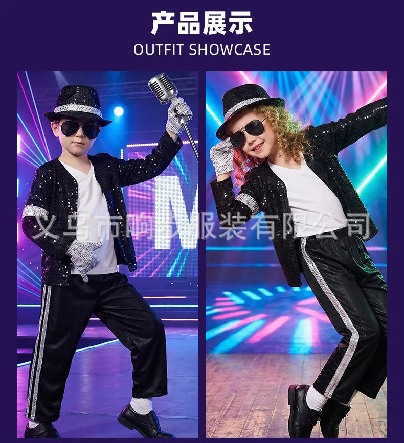 Kids Dance Star Costume Set, Metallic Shiny Retro 80s and 90s Stage Outfit for Boys and Girls, Cosplay and Party Dress-Up in Sizes M–XXXL