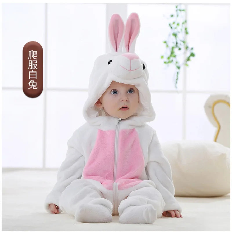 Baby Animal Hooded Costume Jumpsuit with Flannel Styling, Duck, Rabbit, Leopard and More Dress-Up Options for Boys and Girls, Sizes 70-120