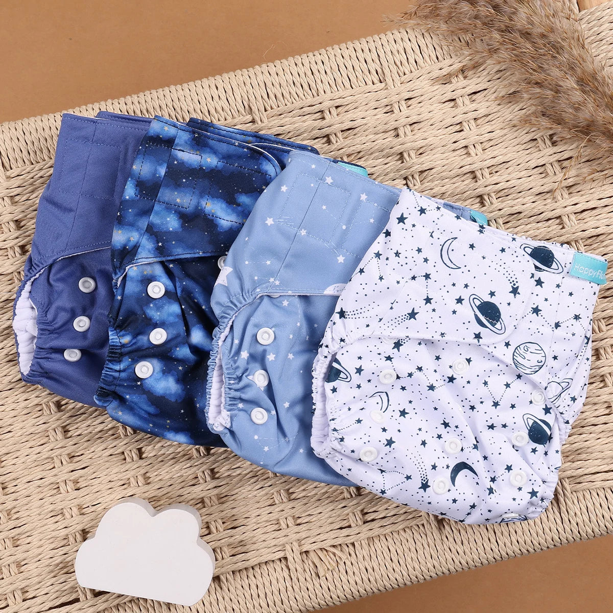 Pocket Cloth Diapers 4-Pack by Happyflute, Reusable Baby Nappies with Printed PUL Outer, Suede Cloth Lining and Snap Closures for 3–15 kg