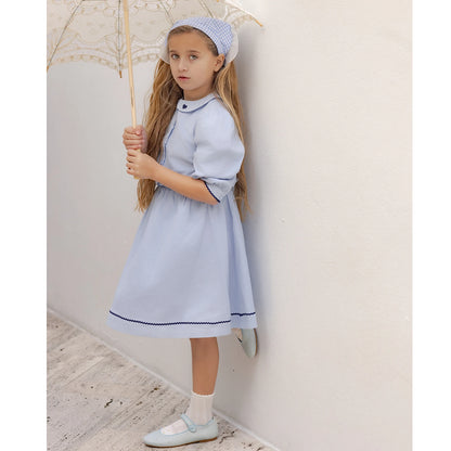 Light Blue Sibling Matching Outfits with Cotton Girls Collared Dresses, Baby Rompers and Boys Plaid Sets, Lyocell Knit Tops and White Separates
