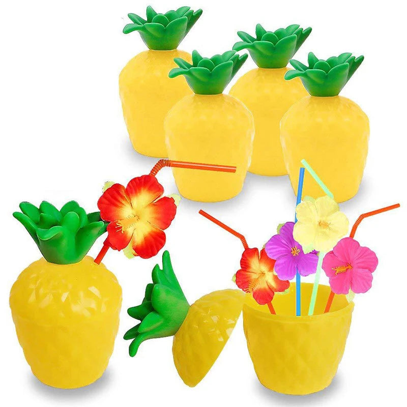 Fruit Shaped Party Cups in Pineapple, Coconut and Strawberry Designs, 6 or 10-Piece Plastic Drink Cup Sets for Luau Birthdays and Summer Celebrations