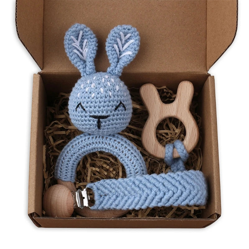 Crochet Animal Rattle Set with Wooden Ring and Coordinating Accessories, Rabbit, Deer and More Designs for Supervised Play and Baby Shower Gifts