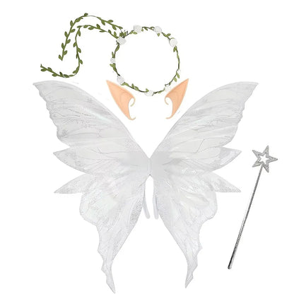 Fairy Wings Costume Set with Organza Butterfly Wings, Elf Ears, Floral Wreath and Star Wand for Halloween, Fantasy Parties and Dress-Up