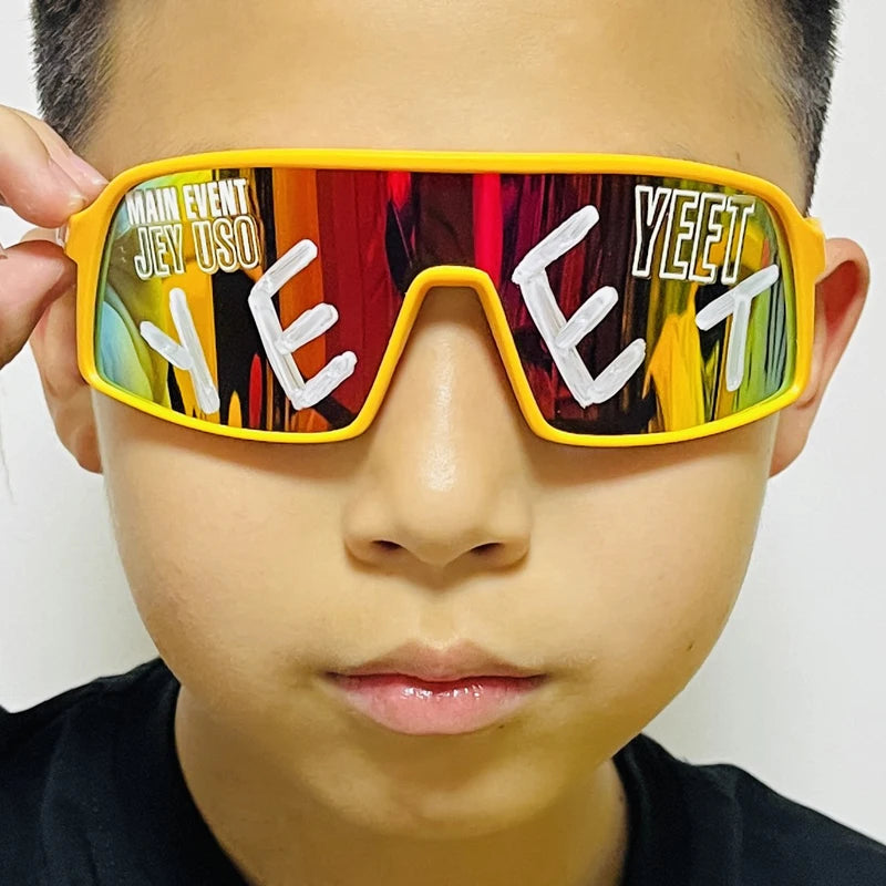 YEET Graphic Sunglasses with Jey Uso Main Event Lettering, Colorful Shield-Style Fan Shades in Children's and Adult Options for Party Outfits