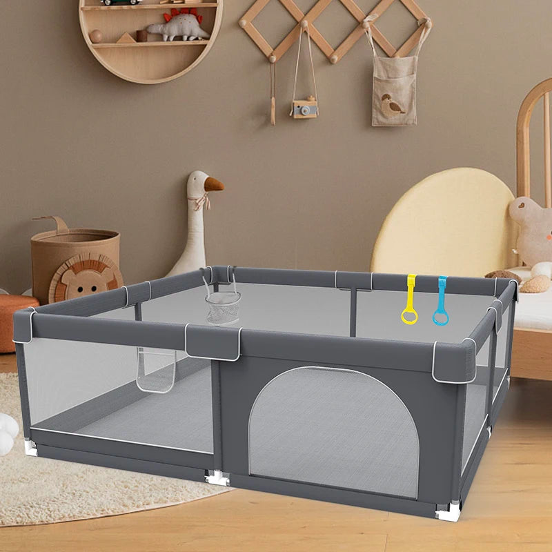 Baby Playpen with Pull Rings by IMBABY, Light Gray Mesh Activity Fence with Zippered Door and Multiple Size Options for Supervised Play