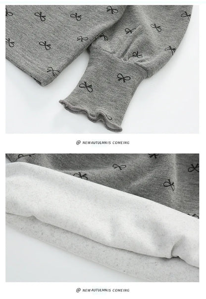 Girls High Neck Long Sleeve Shirt with Allover Bow Print, Beige or Gray Layering Top for Everyday Fall and Winter Outfits and Family Gatherings