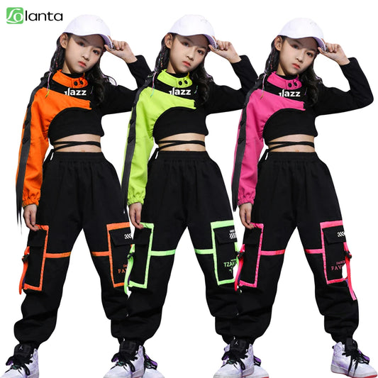 Girls Hip Hop Cargo Pants Dance Set with Crop Top and Decorative Sleeve, Three-Piece Colorblock Stage Outfit for Ages 4–16 by LOLANTA