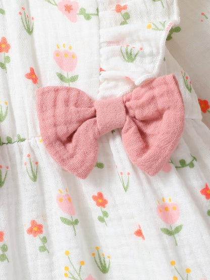 Baby Girl Heart Print Romper with Shoulder Ruffles and Bow Details, Long Sleeve Cotton Jumpsuit with Inner-Leg Snaps, Sizes 0-6 Months