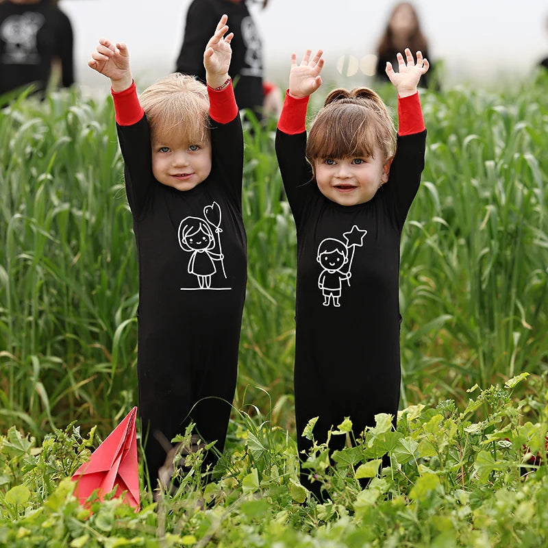 Kids Matching Pajamas with Red Cuffs and White Character Graphics, Black Sibling Outfit Styles with Two-Piece Sets, Nightgown and Footie Options