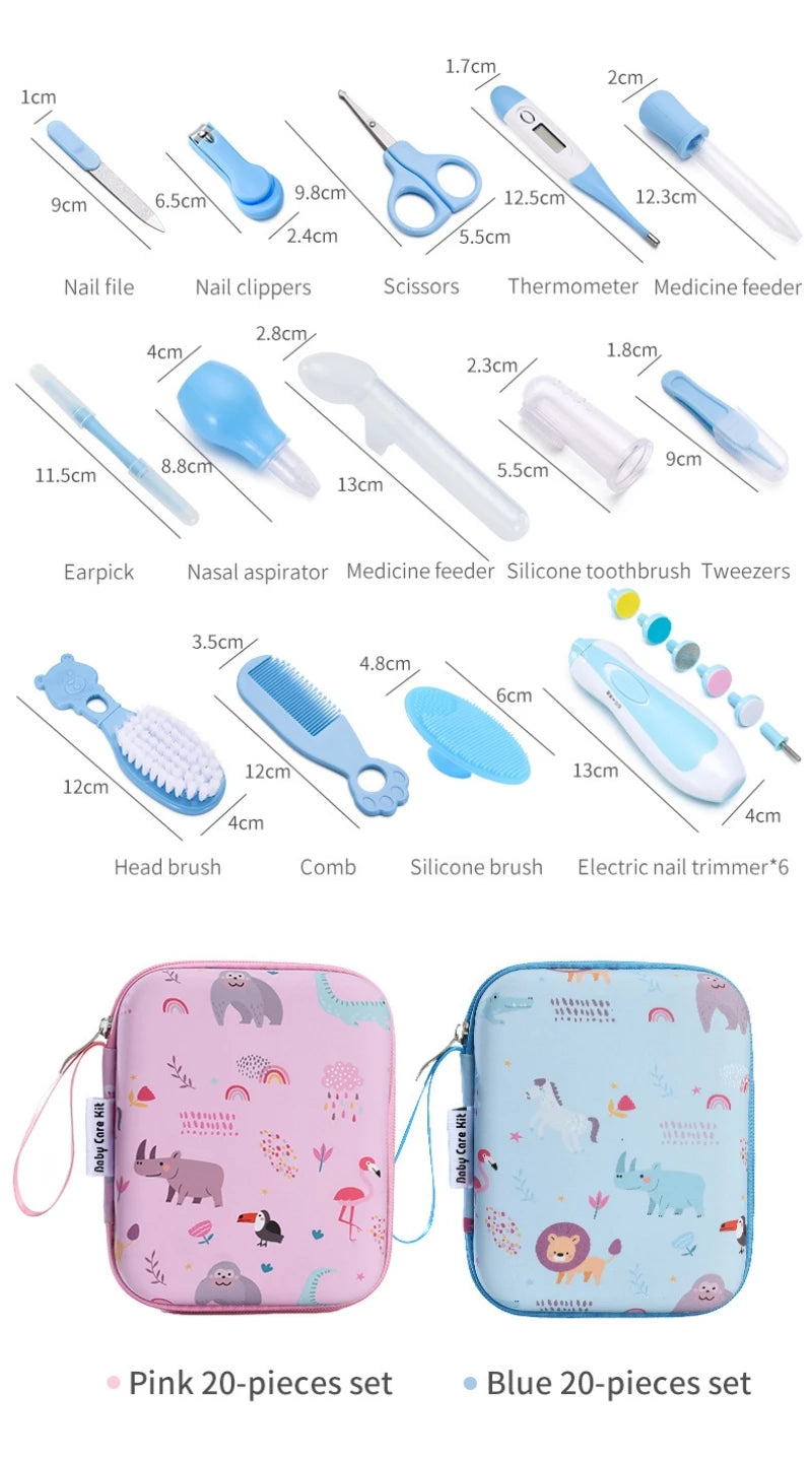 Baby Care Travel Organizer Kit, 20-Piece Grooming Set with Electric Nail Trimmer, Hair Brush, Comb and Animal-Print EVA Case in Blue or Pink