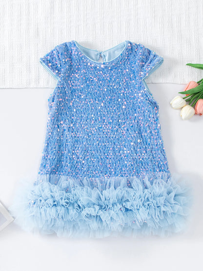 Girls Sequin Party Dress, Short Sleeve Sparkle Dress with Fluffy Mesh Ruffle Hem and Cotton Blend Lining for Birthdays and Holiday Photos, 2T-6T