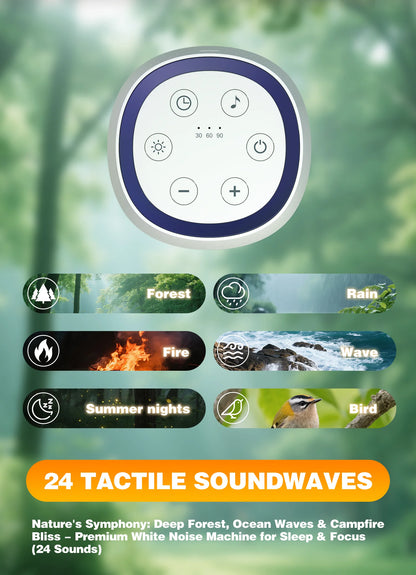 24-Sound White Noise Machine with Warm Breathing Night Light, 30/60/90-Minute Auto-Off Timer and USB Rechargeable Design for Nursery and Travel