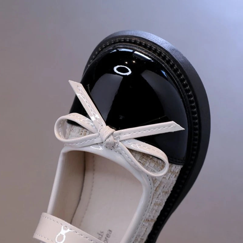 Girls Patchwork Mary Jane Shoes with Bow Detail, Glossy Round Toe and Textured Panels in Black or Beige for Spring Fall Dressy Outfits