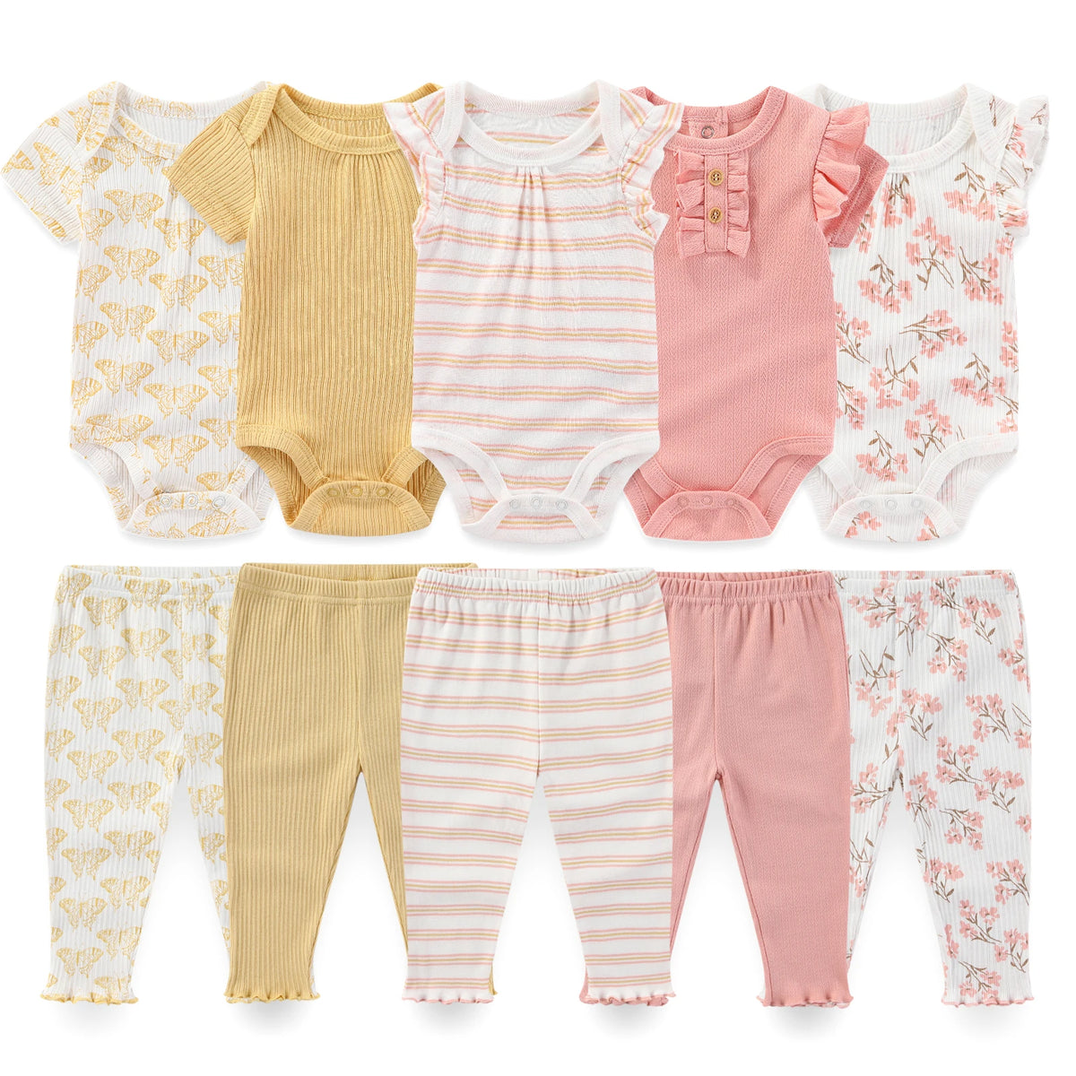 Baby Bodysuit and Pants Set, 10-Piece Kiddiezoom Infant Clothing Bundle with Short-Sleeve Tops for Boys and Girls, Sizes 3M-12M