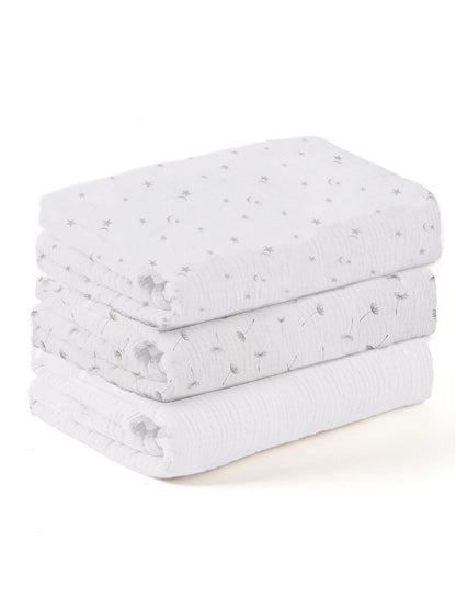3-Piece Muslin Receiving Blanket Set for Newborn Care, Soft Breathable Baby Wraps with Printed and Solid Design Options in 120 x 100 or 80 x 65 cm