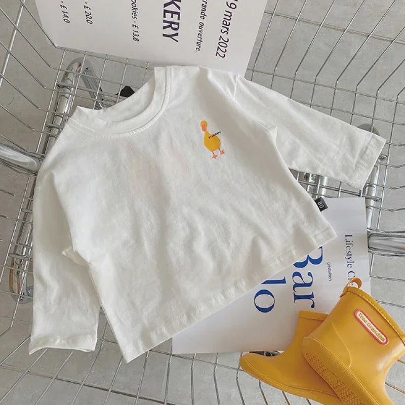 Duck Print Kids Long Sleeve T-Shirt with Crewneck and Letter Graphic, Loose Cotton Casual Top in White or Black for Spring Outfits, Sizes 90-140