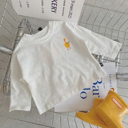 Duck Print Kids Long Sleeve T-Shirt with Crewneck and Letter Graphic, Loose Cotton Casual Top in White or Black for Spring Outfits, Sizes 90-140