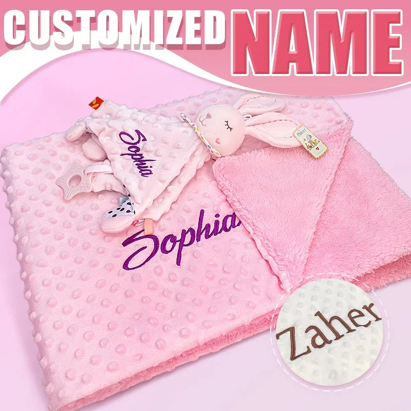 Embroidered Name Baby Blanket and Animal Comforter Options, Personalized Minky Bubble-Texture Keepsake with Single-Item and Two-Piece Gift Choices