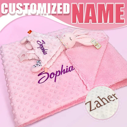 Embroidered Name Baby Blanket and Animal Comforter Options, Personalized Minky Bubble-Texture Keepsake with Single-Item and Two-Piece Gift Choices