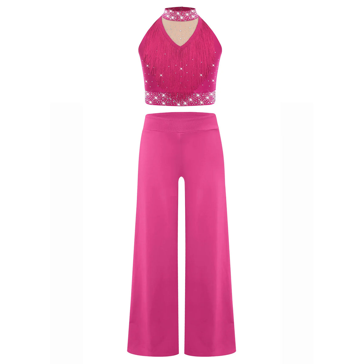 Girls Lyrical Dance Costume Set with Mock Neck Sparkle Top and Wide Leg Pants, Chiffon Overlay and Sleeveless Styles for Recitals and Stage Performances