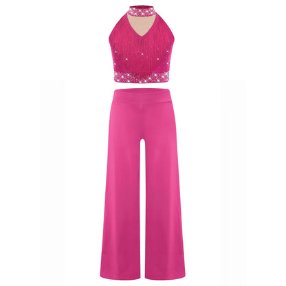 Girls Lyrical Dance Costume Set with Mock Neck Sparkle Top and Wide Leg Pants, Chiffon Overlay and Sleeveless Styles for Recitals and Stage Performances