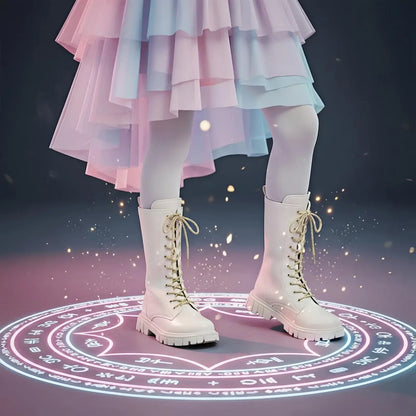 Girls White Lace-Up Boots with Side Zippers and Chunky Lug-Style Soles, Tall PU Fashion Footwear for Little and Big Kids, Sizes 27–37