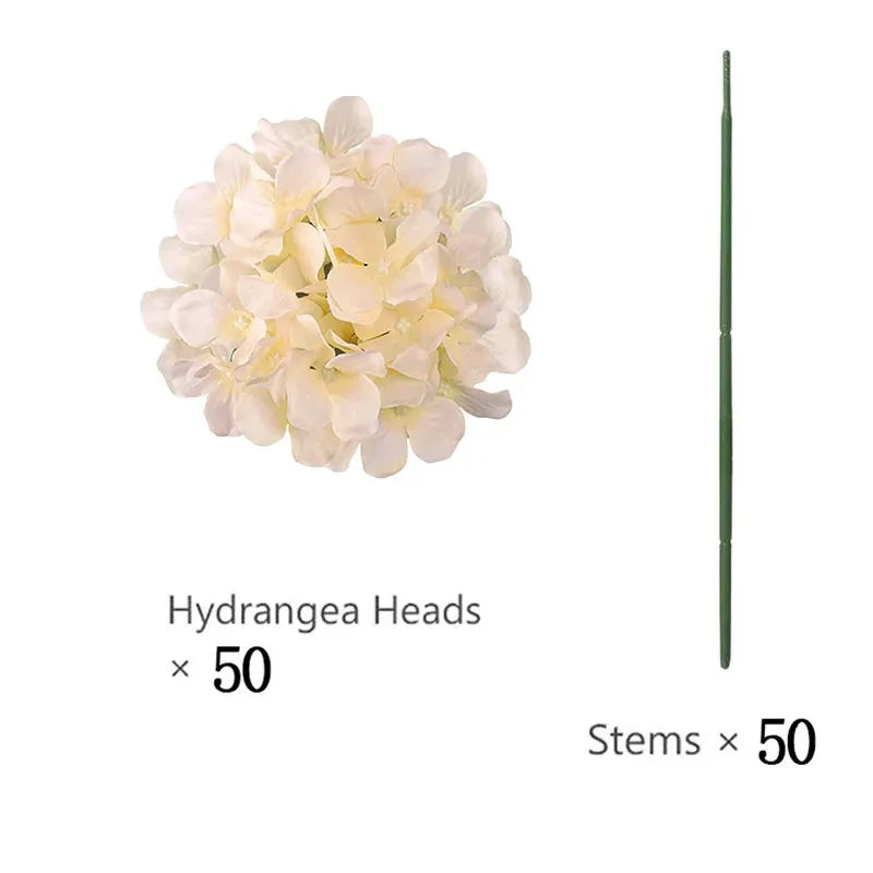 Artificial Hydrangea Flower Heads, 50-Piece Silk-Fabric Floral Set with Stem or Leaf Options for DIY Wedding Centerpieces, Baby Showers and Home Decor