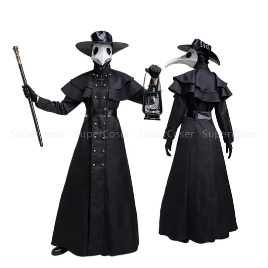Plague Doctor Costume Robe with Black Long Coat Styling and Layered Shoulder Cape, Steampunk-Inspired Outfit for Halloween and Horror Cosplay